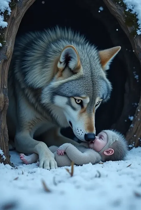 A wolf with a baby 