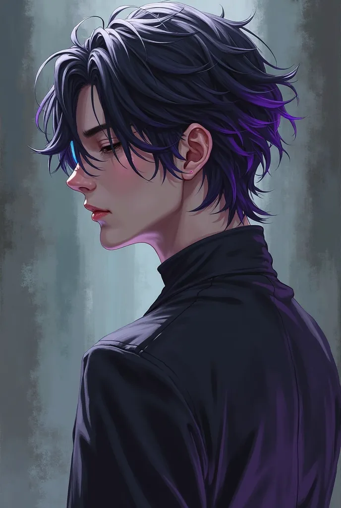 Fantasy style, young man aged 25-30 years, shoulder-length hair, black bangs with purple highlights, standing with eyes closed, a domineering pose, dressed neatly and cleanly.