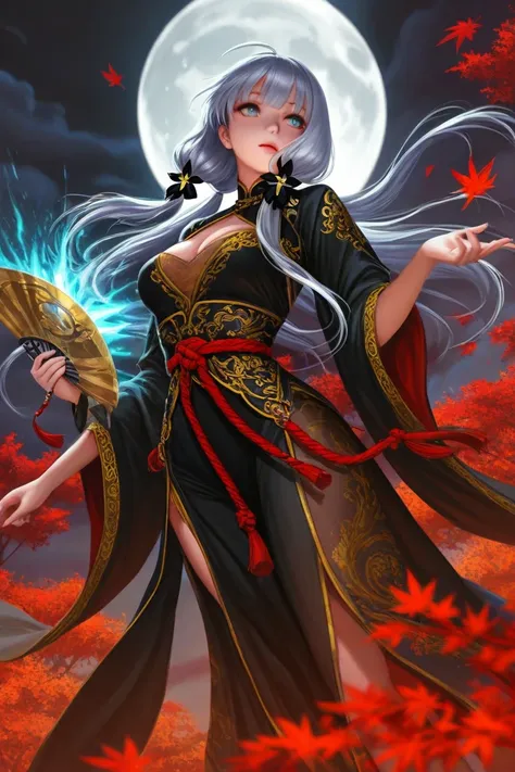 Prompt:
"A beautiful female warrior with long silver hair, wearing an elegant black and gold outfit inspired by Chinese traditional fashion. She holds a mystical blue energy fan with glowing ice-like blades. Her pose is graceful, with one hand elegantly li...