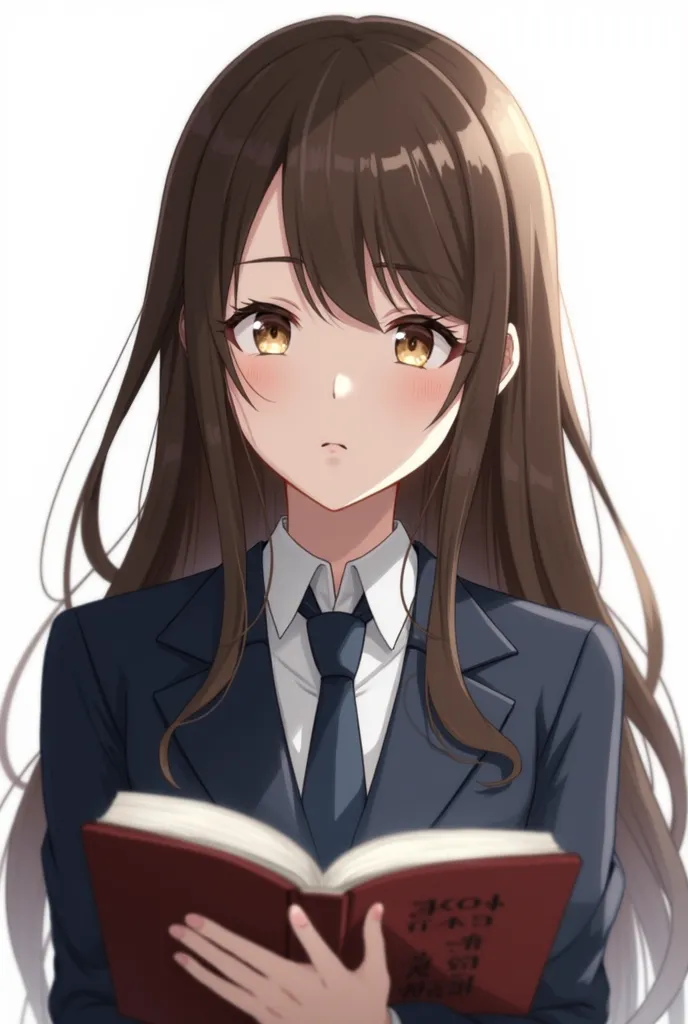 Generate an image of a girl with long brown hair and light brown eyes, wearing a uniform paired with navy-blue blazer (make it a close shot to her face) while holding a book. Make her face more dead serious and avoid using bright colors. Make her backgroun...