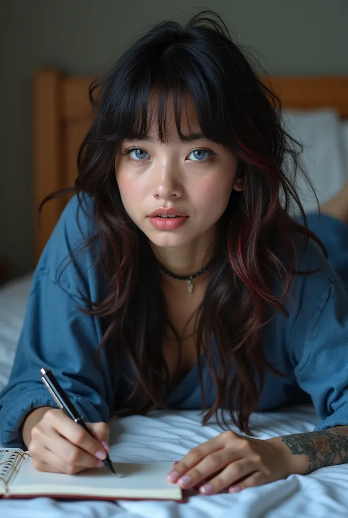 masterpiece:1.3), (8K, Photorealistic,  RAW photos, the best quality: 1.4), ( a girl),  25 years, beautiful face, (  realistic face  ), (black hair, long wavy hair, with red highlights in her hair, with bangs), beautiful hairstyle, realistic eyes, beautifu...