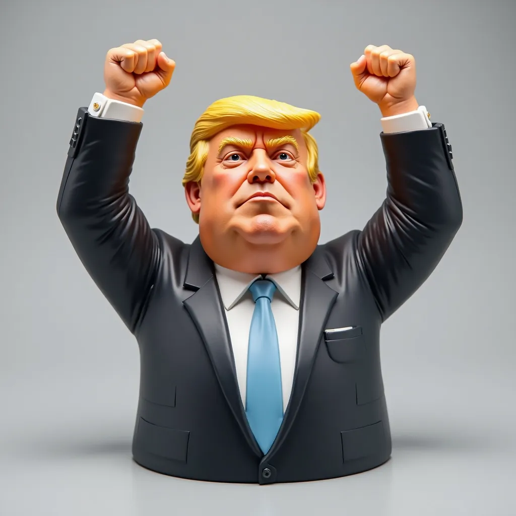 A caricature bust of Donald Trump. The subject is a middle-aged Caucasian man. He is depicted wearing a dark suit and a light blue tie. The facial expression is stern and somewhat serious. He is celebrating a victory with his arms raised in the air. His ha...