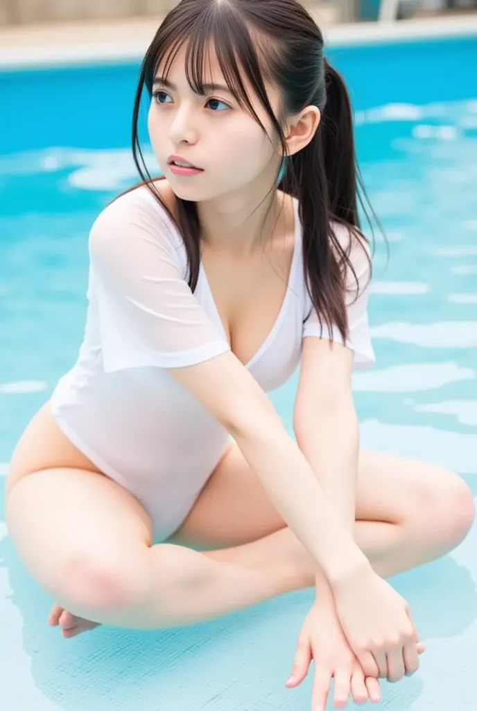 (((((young girl:2.86))))),(masterpiece,Best Quality:1.9),【8k,Original Photo,nsfw, Detailed skin,Detailed pores ,short袖學生服,Light transparent,[Little cute,(((Young face ):1.7)),(( young body ):1.6), Reality, Poolside、(Sitting on the ground,Lean backwards，ani...