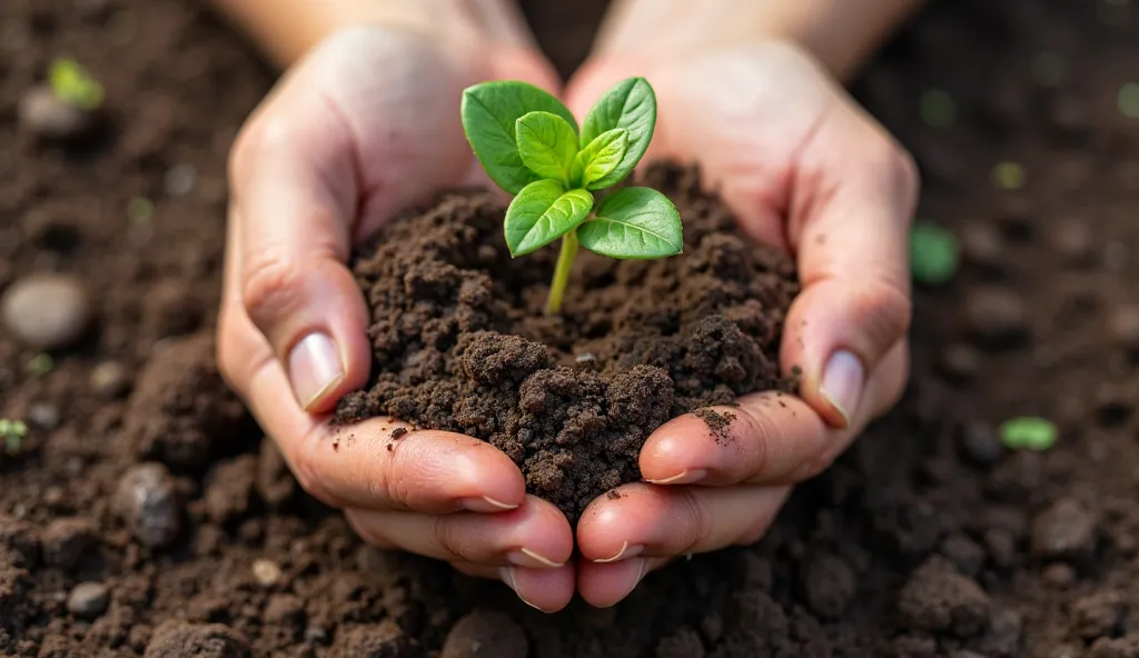 Close-up of a 's hands holding a tiny sprouting plant with fresh green leaves, resting on moist, fertile soil. The rich earth and tender grip emphasize the theme of nurturing new life and environmental responsibility.  