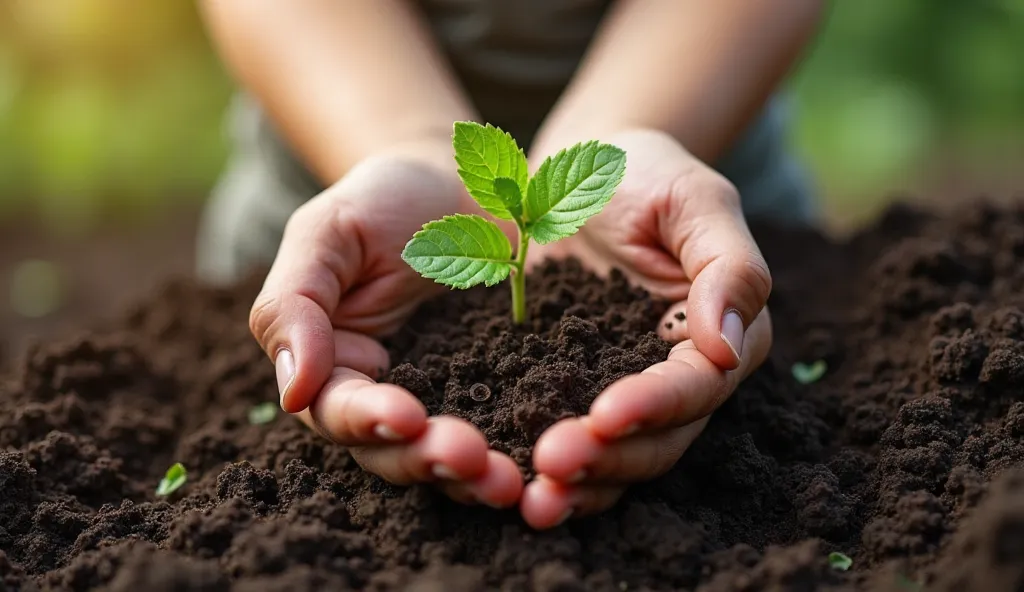 A 's small hands carefully holding a young seedling with vibrant green leaves, surrounded by dark, nutrient-rich soil. The scene is bathed in soft natural light, highlighting themes of sustainability, hope, and future growth.  