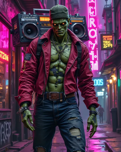 A towering Frankenstein Monster dominates a neon-soaked 1980s street, his patchwork green skin glowing under buzzing lights. He rocks a cropped crimson Adidas jacket with white racing stripes, acid-washed Levi’s jeans cuffed above rainbow-soled Adidas Supe...