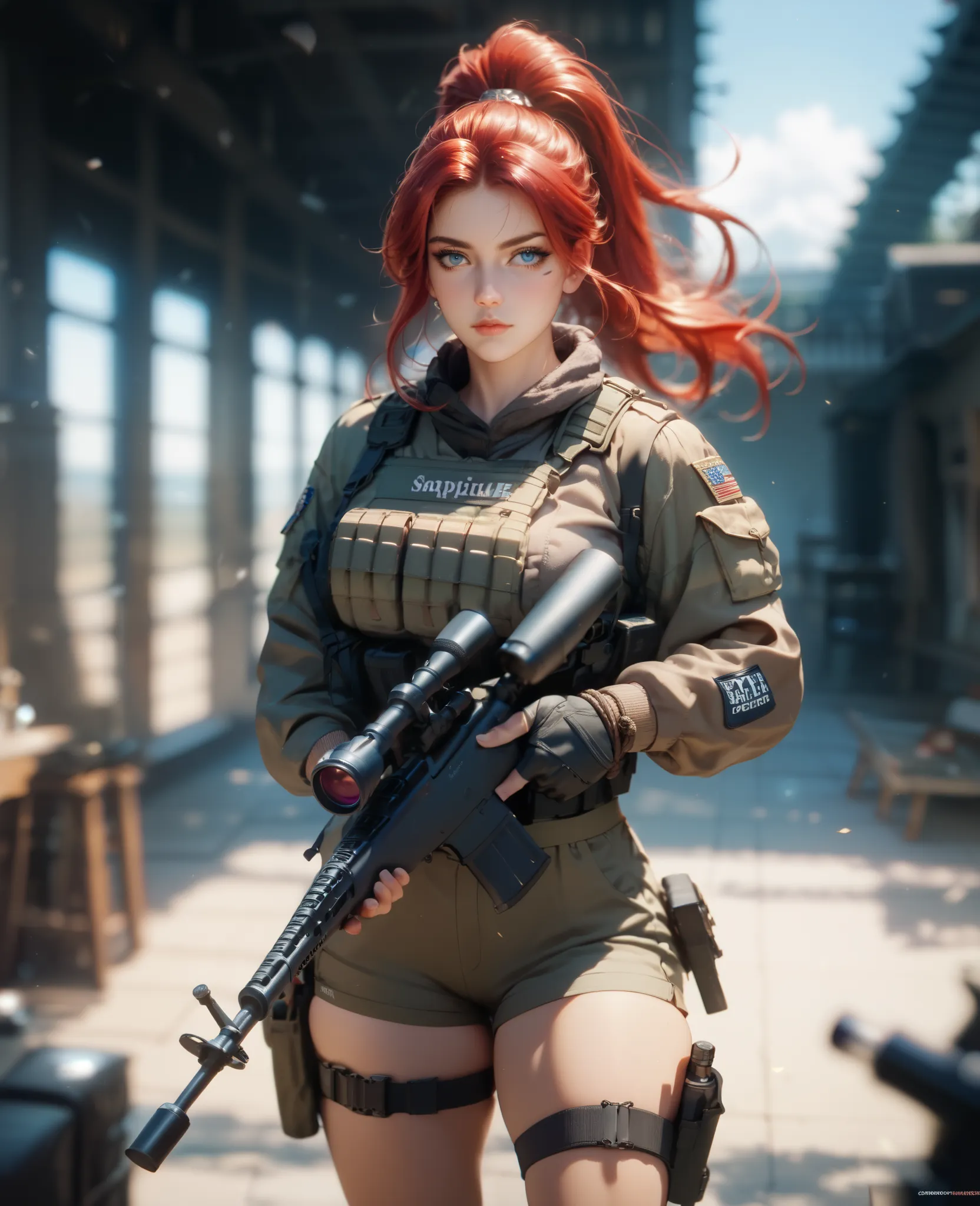 (Masterpiece), best quality, highest quality, original, high resolution, (depth of field: 1.5), fidelity: 1.3, tall female with long red hair, tied up into a high ponytail, slender with athletic build, thick thighs, hourglass figure, wearing a military tac...