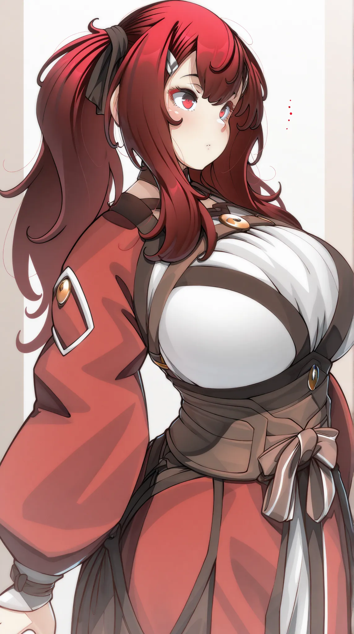 solo female,20 years old,Twin Tails, red hair ,expressionless,Big Breasts, glamorous body,Adventurer,Anime girl with a,(This shige,Konoshige_\(Ryuun \)),standing up picture,fantasy,simple background, masterpiece, top quality 