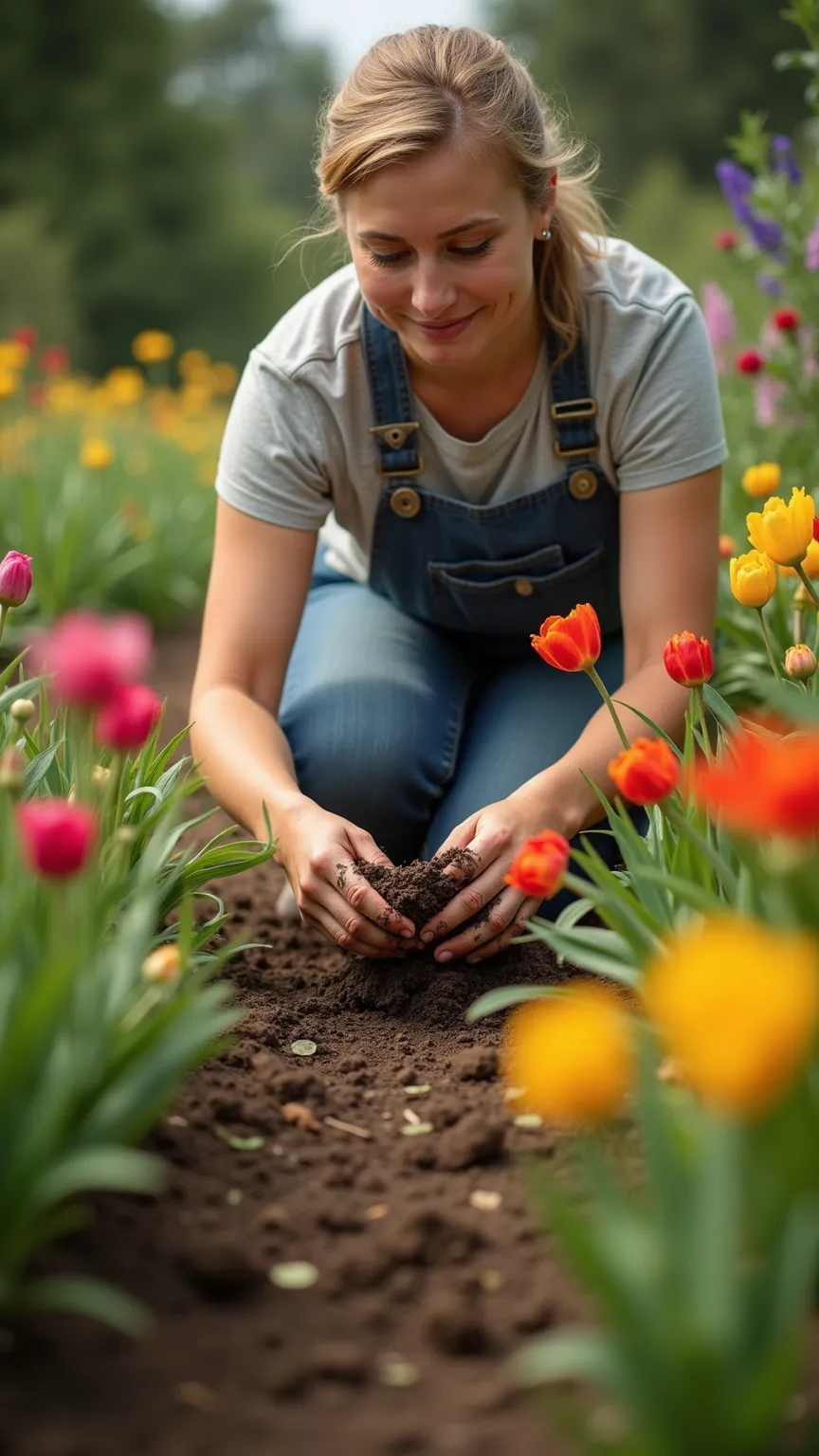 Gardener, Amidst a bloom of colors, hands in the soil