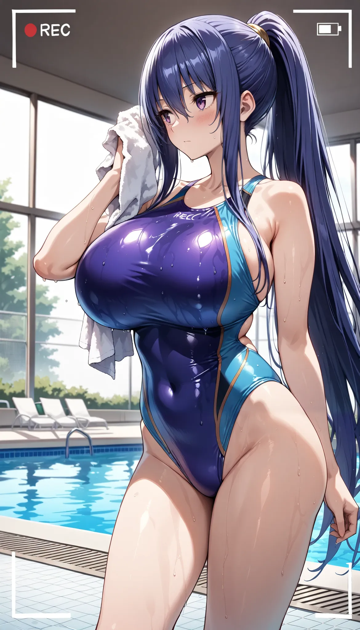 best quality,8k,1girl,(huge breasts),small head,akiyama rinko, very long hair, long hair, ponytail, hair between eyes,(recording,looking away),blue competition swimsuit,wet swimsuit,wet,towel,Drying off with a towel,poolside,Walking slowly