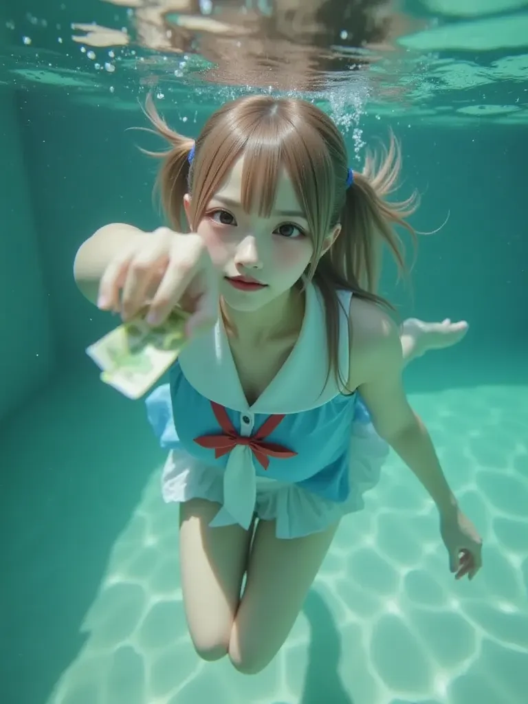 1 nogizaka girl, swimming underwater, selfie, school uniforms, barefoot, trying to grab money note, 35mm film
