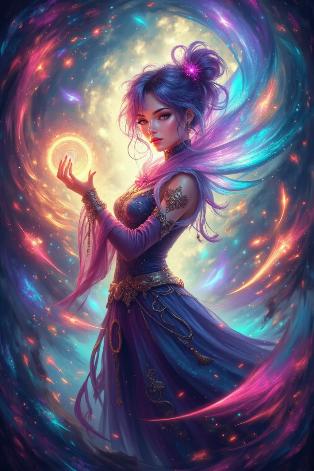 Anime painting style。Beautiful girl standing in a fantastic world。A magic circle shines on her palm、as if she were casting a spell。Her hair color and hairstyle are randomly set、The costume is also gorgeous wizard style。


