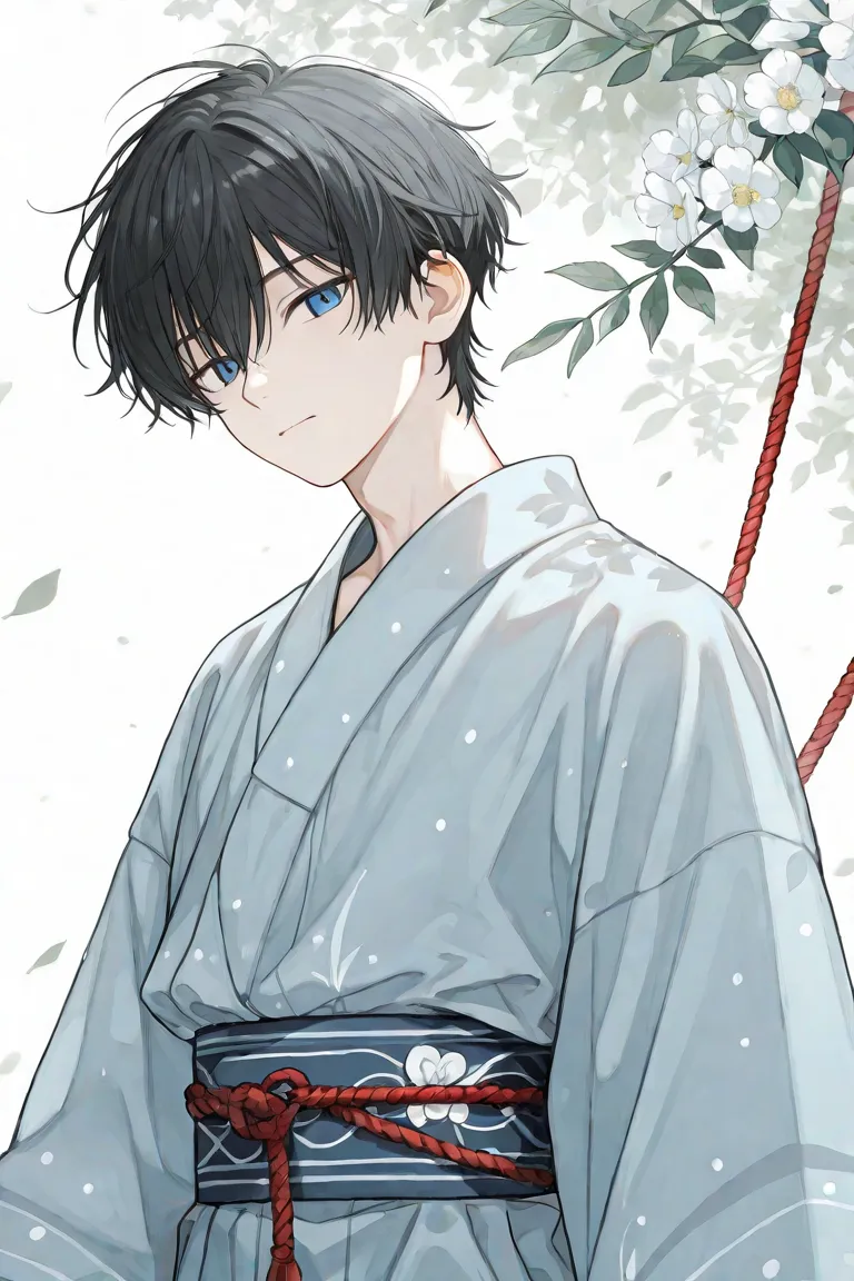 A delicate and serene anime-style male character with short, slightly short messy black hair with white spots on the ends and striking blue eyes. He is wearing a traditional white and light blue kimono with a blue obi belt tied with a decorative rope and h...