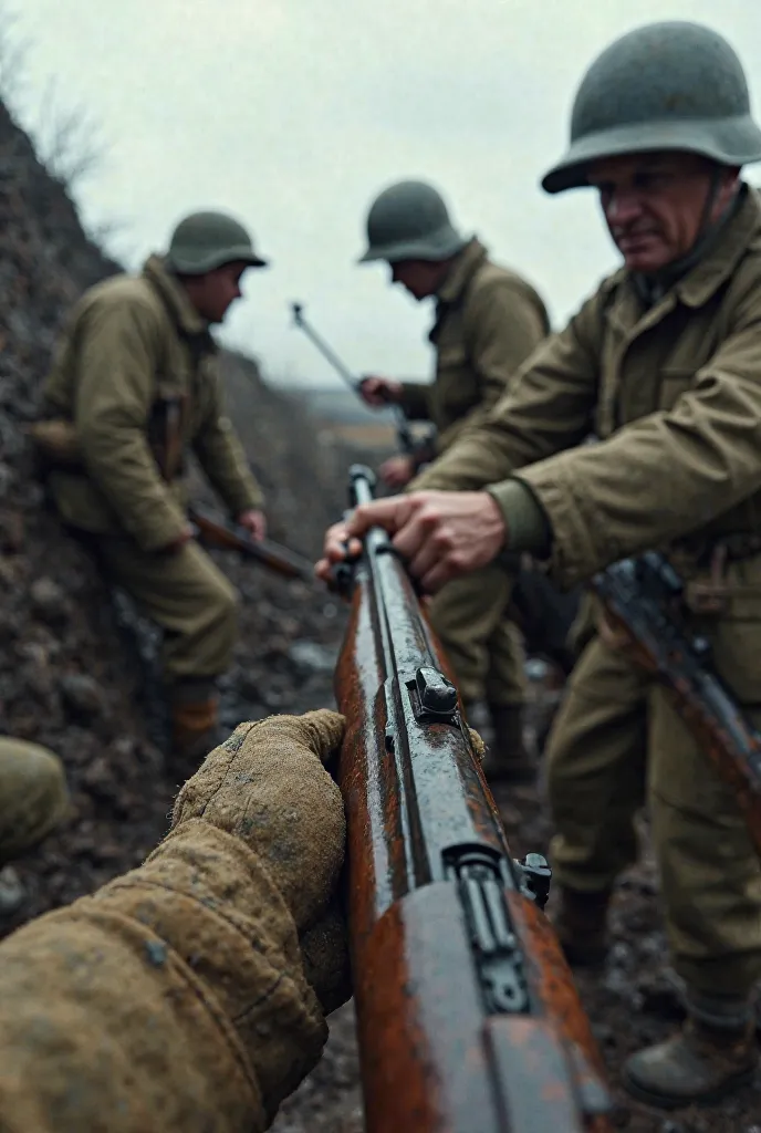 "A first-person view of the soldier grabbing a bolt-action rifle from the ground. The soldier's hands are wrapped in torn gloves. Nearby, comrades are loading their rifles and fixing bayonets. A fellow soldier pats the protagonist on the shoulder before pu...