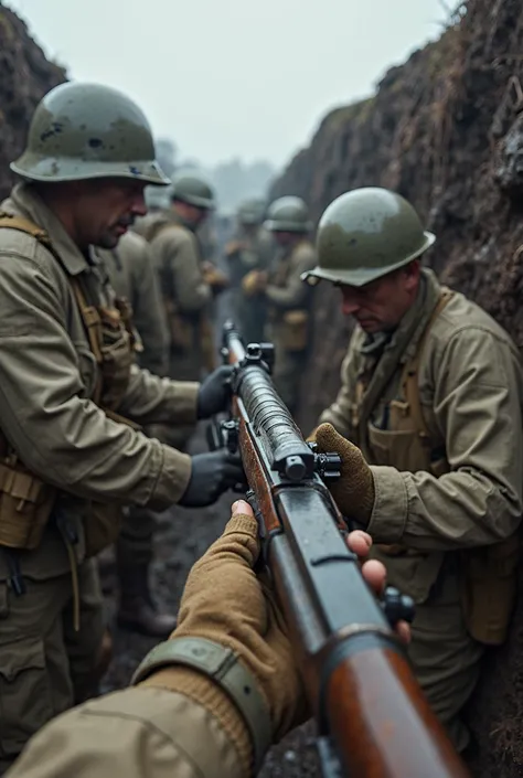 "A first-person view of the soldier grabbing a bolt-action rifle from the ground. The soldier's hands are wrapped in torn gloves. Nearby, comrades are loading their rifles and fixing bayonets. A fellow soldier pats the protagonist on the shoulder before pu...