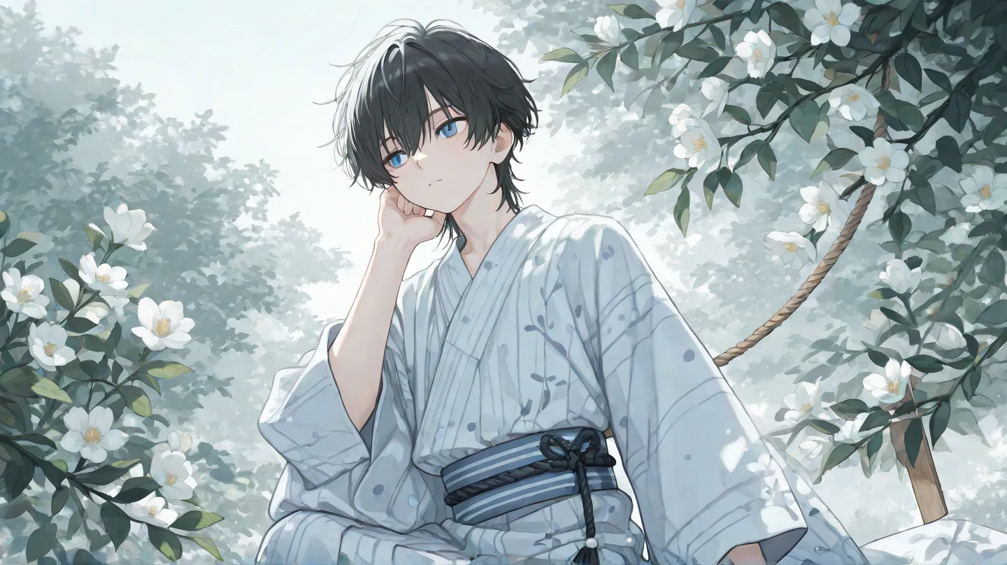 A delicate and serene anime-style male character with short, slightly short messy black hair with white spots on the ends and striking blue eyes. He is wearing a traditional white and light blue kimono with a blue obi belt tied with a decorative rope and h...