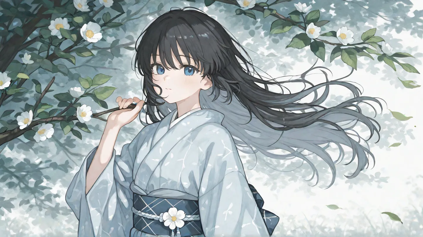 A delicate and serene anime-style male character with short, slightly short messy black hair with white spots on the ends and striking blue eyes. He is wearing a traditional white and light blue kimono with a blue obi belt tied with a decorative rope and h...