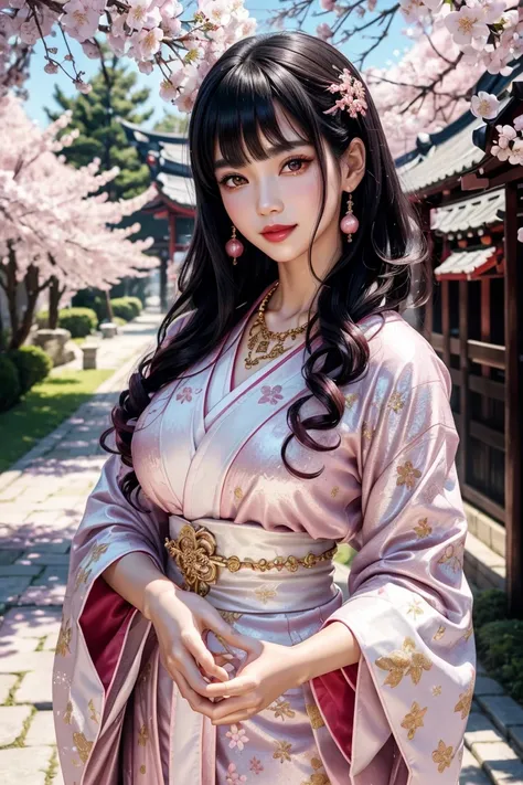  beautiful black hair ,shortcuts,Aligned bangs,Bright red lips,Pink Eyes,white skin,Beautiful Japanese clothing,smile,super high quality,Ultra High Quality,masterpiece,dslr,photorealistic, Detailed Details,Vivid details,is drawn in detail,detailed face, De...