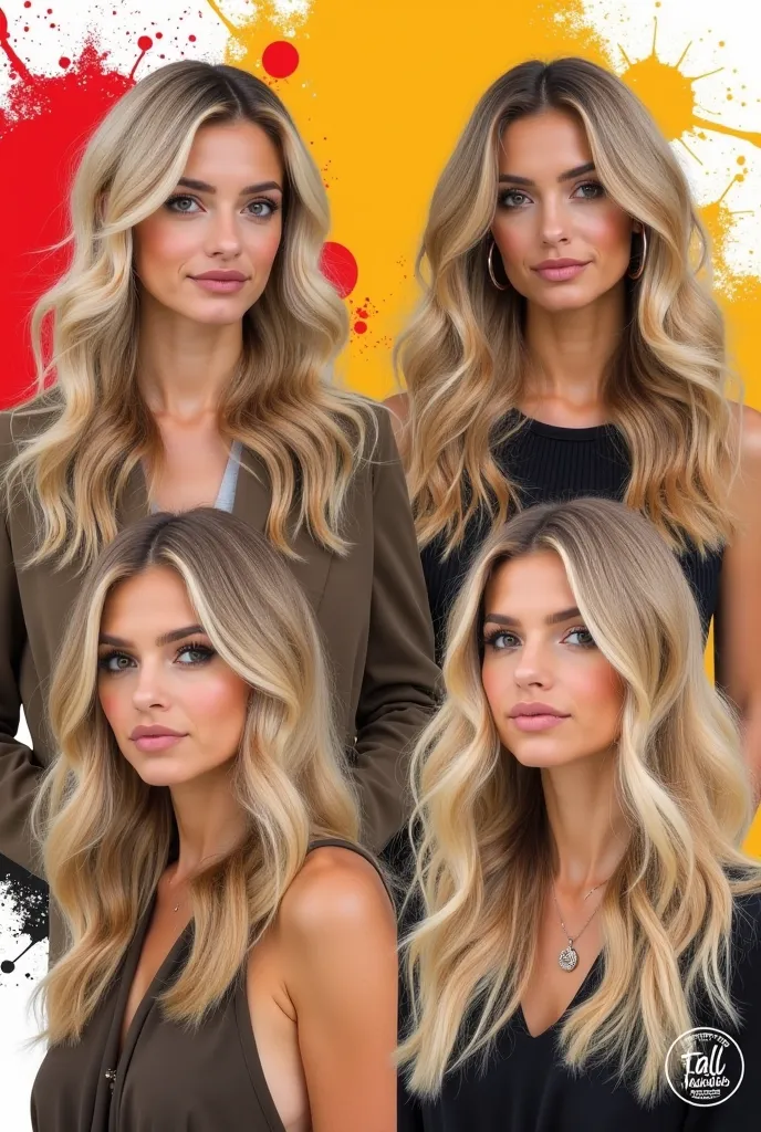 A vibrant collage featuring four stylish blonde women showcasing trendy fall hair colors for 2023. Each image highlights different blonde hair variations, such as soft balayage, golden waves, and ash-blonde shades. The layout is dynamic, with bold red and ...