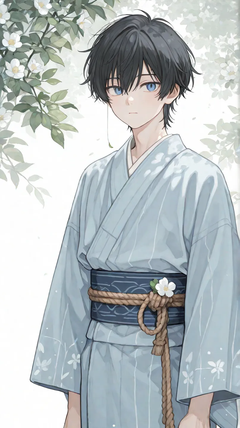 A delicate and serene anime-style male character with short, slightly short messy black hair with white spots on the ends and striking blue eyes. He is wearing a traditional white and light blue kimono with a blue obi belt tied with a decorative rope and h...