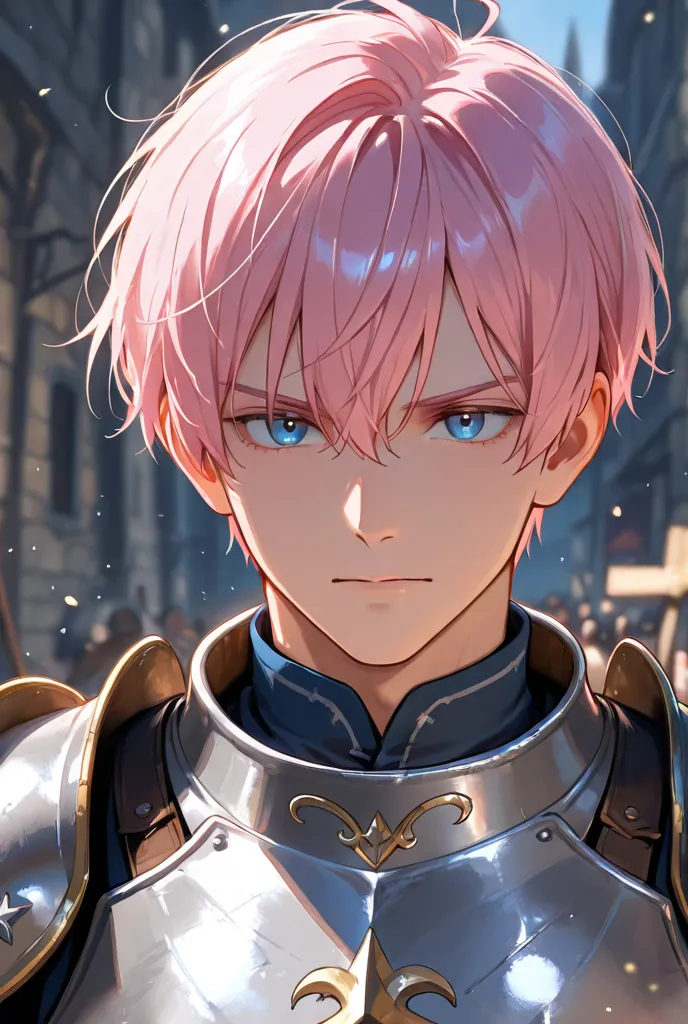 Anime man in white and light blue medieval armor, with blue eyes and pink short hair MAN