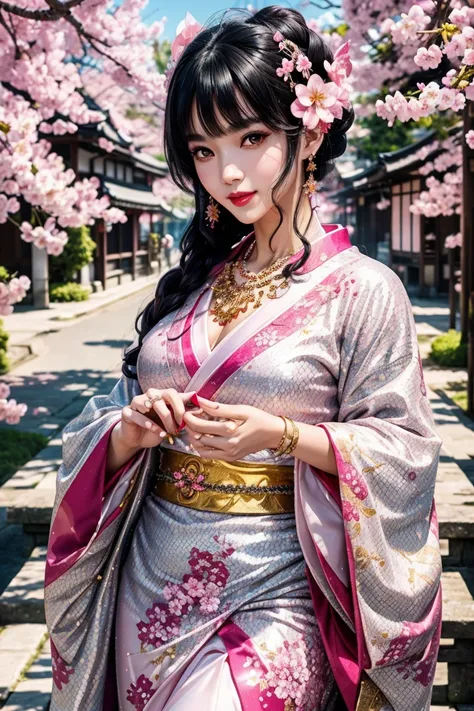  beautiful black hair ,shortcuts,Aligned bangs,Bright red lips,Pink Eyes,white skin,Beautiful Japanese clothing,smile,super high quality,Ultra High Quality,masterpiece,dslr,photorealistic, Detailed Details,Vivid details,is drawn in detail,detailed face, De...