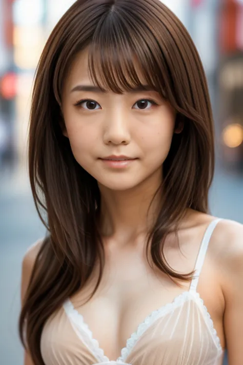 Product quality, 1 girl, (Whole body:1.3), Front shot, Front view, Young and pretty girl in Japan, At night, wearing white bra and panties, White panties focus, (View your audience:1.2), (Looking into the camera:1.5), ((In the city of Ginza)), Super cute f...