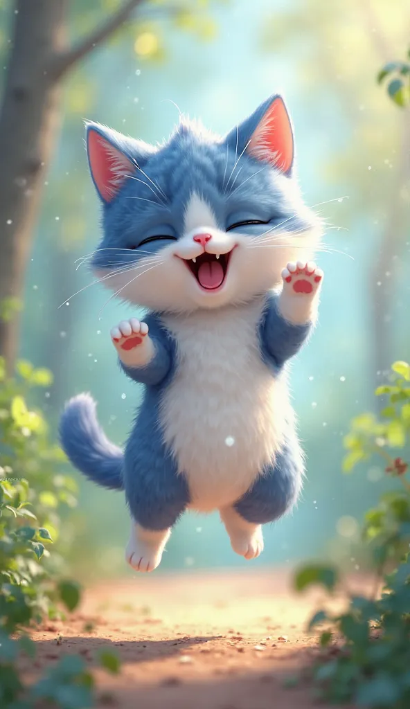 cute fluffy cat、BEAUTIFUL BLUE AND WHITE HAIR、 jump、Naughty personality 、with Nintendo、NOT PHOTOREAL、4K、8k、High Resolution、 Detailed Cat Features 、adorable expression、dynamic action pose、 rich natural environment 、Warm Light、Soft Pastel Colors、fantastic di...