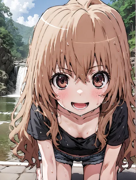 score_9, score_8_up, score_7_up, source_anime,
Taigaisaka, Aisaka Taiga,Alone, long hair, brown hair, brown eyes,ponytail,smile,open your mouth,plain black t-shirt,belly button sticking,Tie the hem of the shirt,denim micro shorts,Bare legs,wet skin,wet ha...