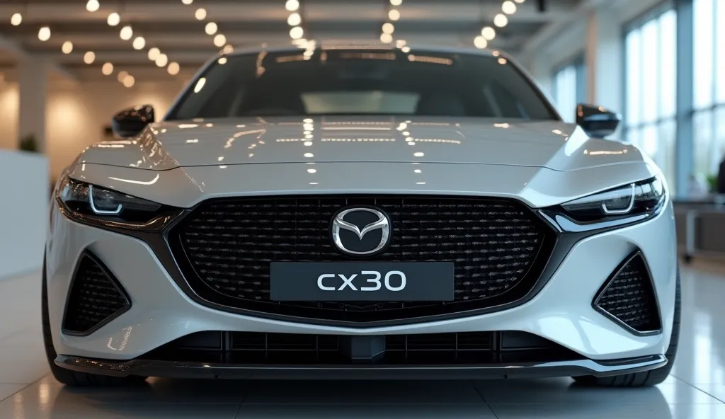 Front  shiny color ( 2025 Mazda cx 30  large shape sedan in large size with  Mazda)logo on its large detailed grille in shiny gary color with angular sporty design, captured from a centered Mazda view with modified sleek headlights & with a “( Mazda ) logo...