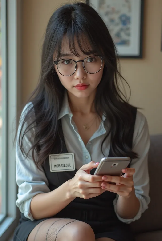 a pretty Asian girl with long black hair, tanned white skin, big breasts and a curvy body wearing glasses and wearing an office work clothes with the name tag "KABEHJITU" and sexy stockings while playing with a cellphone while looking at the camera and hav...