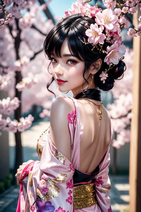  beautiful black hair ,shortcuts,Aligned bangs,Bright red lips,Pink Eyes,white skin,Beautiful Japanese clothing,smile,super high quality,Ultra High Quality,masterpiece,dslr,photorealistic, Detailed Details,Vivid details,is drawn in detail,detailed face, De...