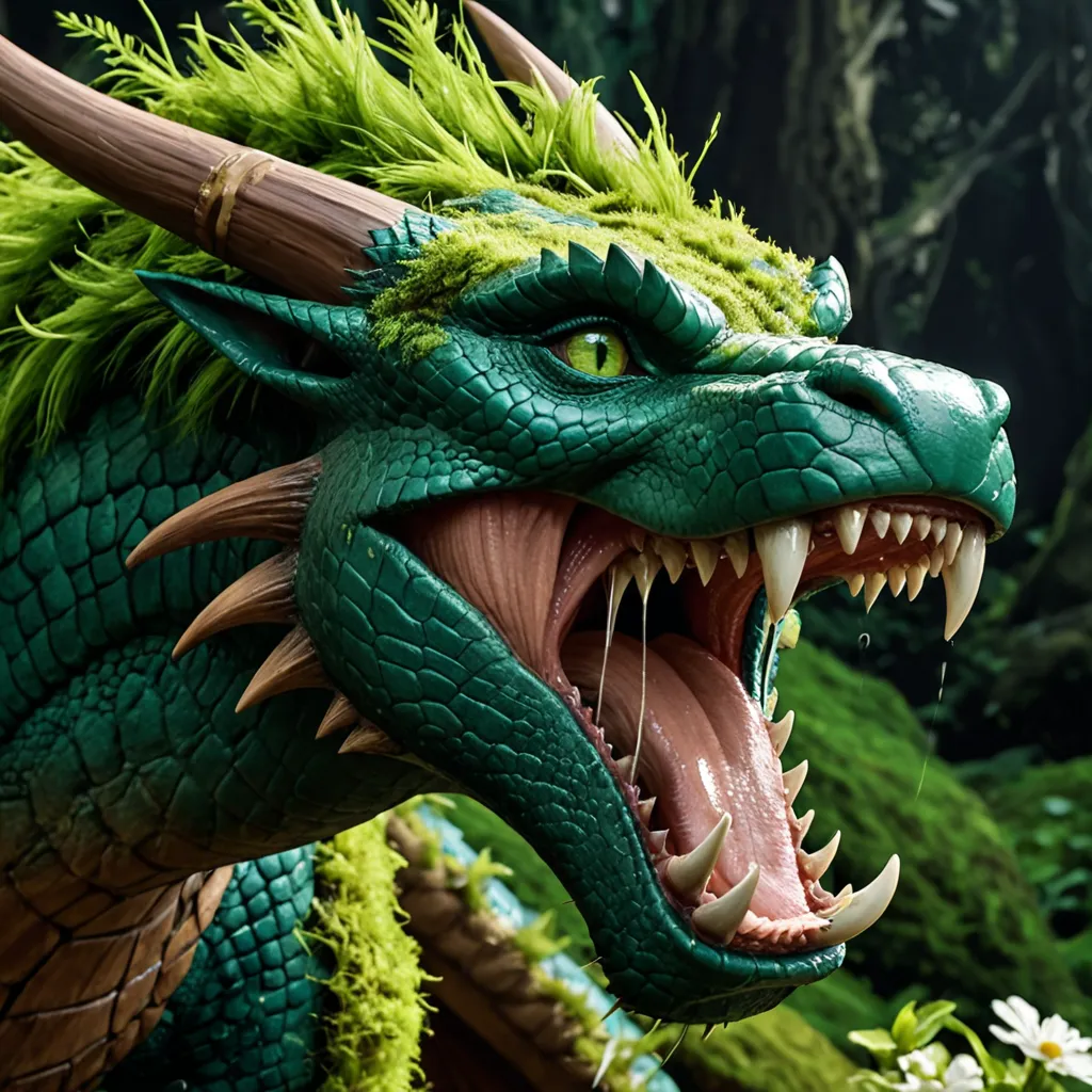 dragon creature, close up on mouth, mouth open, fierce, ferocious.
green colour scheme, moss and flowers.
The dragon has an ornate ring around its tooth, shiny trinket hanging off tooth, nose ring with green gem.
dark fantasy art style.
