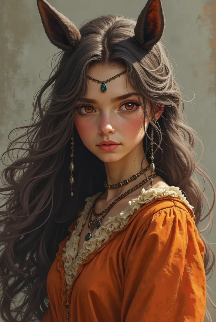 Create a portrait of a centaur girl. Her hair is ashy and her eyes are just fiery red.  triangle ears . She is very proud and a druid.. Her horse's body is brown and she is black. Without horns !!!! She is wearing orange clothes. 