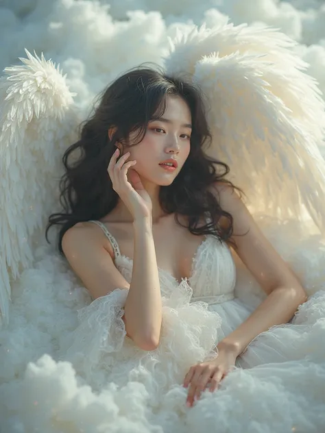 rtistic_vibe,Angel,Ethereal angel with majestic white feathered wings, reclining on whisper-soft clouds. Her raven-black tresses cascade in luscious waves, framing her heart-shaped face, adorned with a diaphanous white gown. Dreamy, elegant expression, rad...