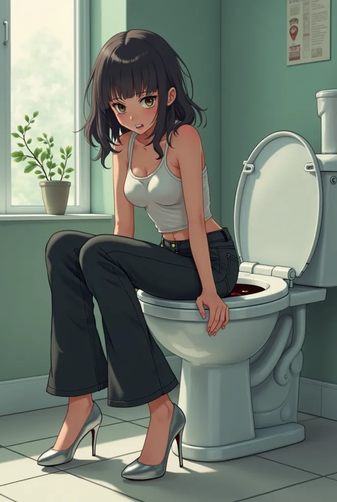 Anime girl with black bell bottoms jeans & silver heels poop on toilets verry hard and she little bit cry and mad and try pushing her poop