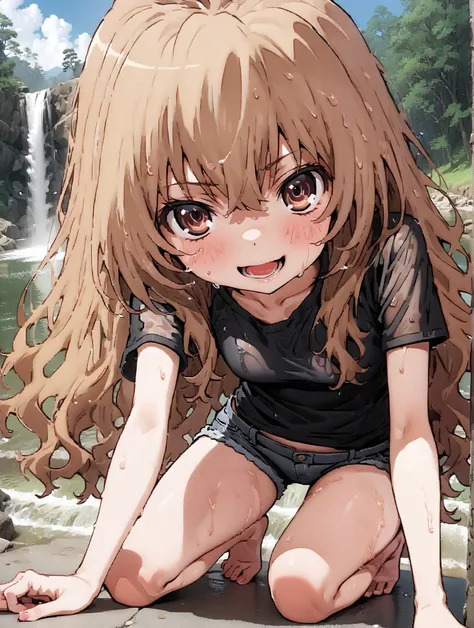 score_9, score_8_up, score_7_up, source_anime,
Taigaisaka, Aisaka Taiga,Alone, long hair, brown hair, brown eyes,ponytail,smile,open your mouth,Black T-shirt,belly button sticking,Tie the hem of the shirt,denim micro shorts,Bare legs,wet skin,wet hair, we...