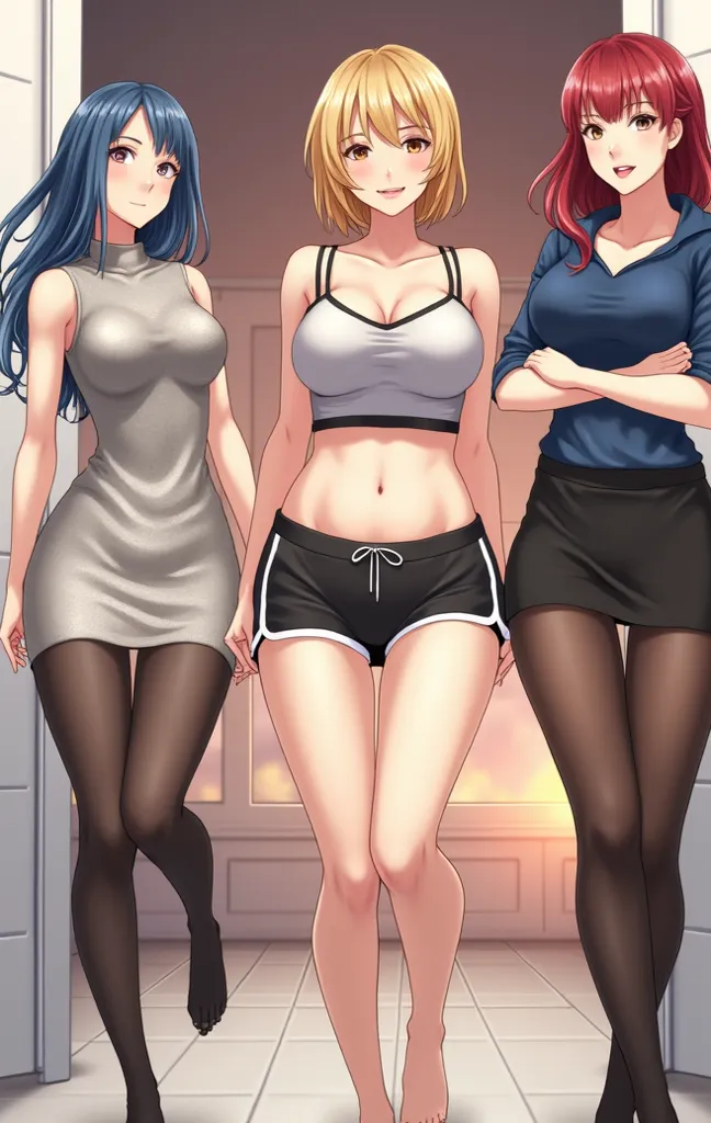 Adult women.The girl in the center has short blond hair, light eyes and a large bust . She wears a tight gray top with straps and black sports shorts with white trim. To her left is a woman with blue hair and a tight dress in shades of gray with dark tight...