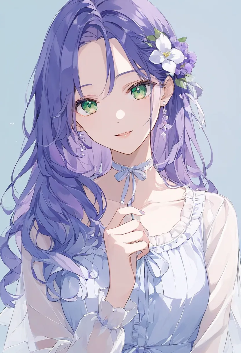 Translucent Kit,  long hair, Blue-violet hair , green eyes, , anime style , Gentle, mature,