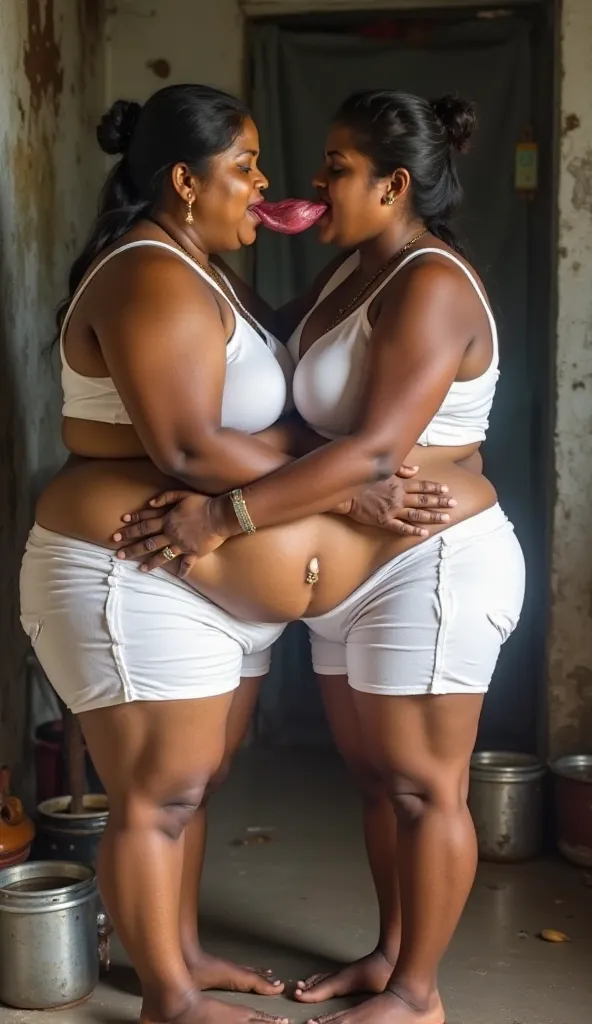 South indian Village family. 65 year old Mother in law and  40 year old young  daughter in law . Hugging each other. Both Sumo wrestler type plus size body. Both dark brown skin. Hair tied up both of them wear white  sleeveless Short  blouse and white  tig...