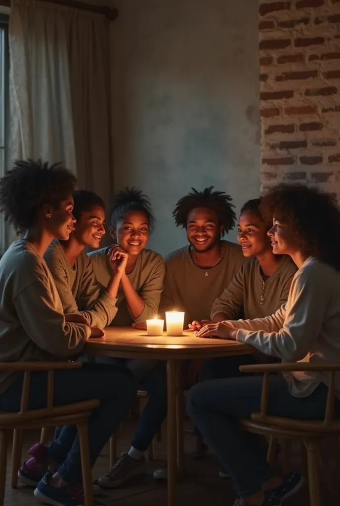 Create an image of 6 good-looking black and white young people talking and sitting in a quiet room about the good day or success, May they be happy and anxious to live the best of this life