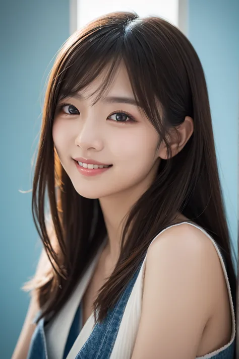 AI-generated portrait of the model taken in the studio。model has long, layered hair、dyed in a soft blue tone。The background is a blue and white color scheme, and the、complements the overall calm and elegant atmosphere。model has a gentle smile, the、The refi...