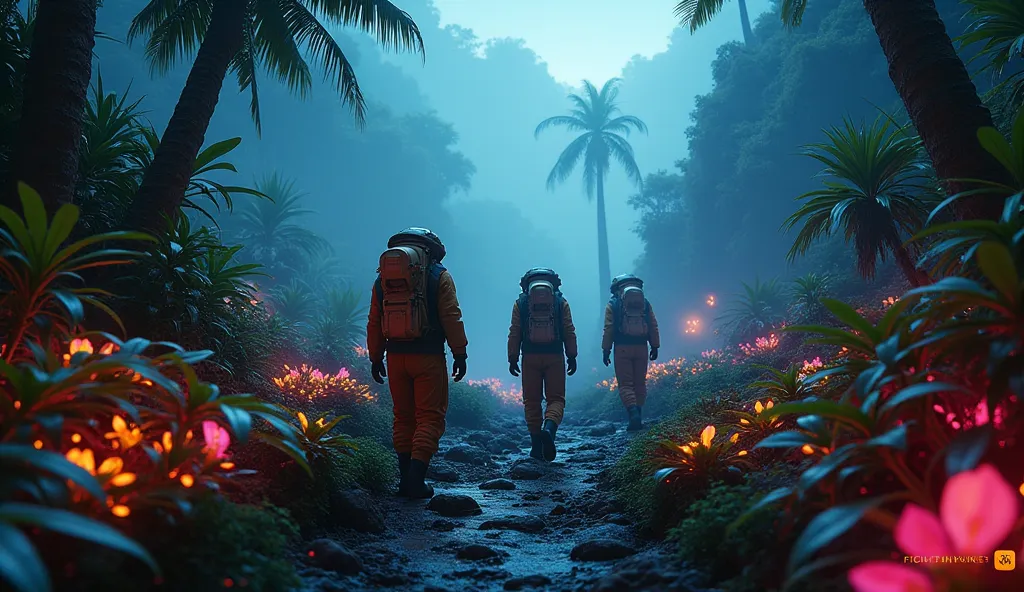 Scene 4: On the Surface

Image 1: The crew steps out onto the strange, alien planet in their full environmental suits. The sky is dim, and glowing plants illuminate the jungle around them in soft, neon hues. The atmosphere is thick with humidity, and dista...