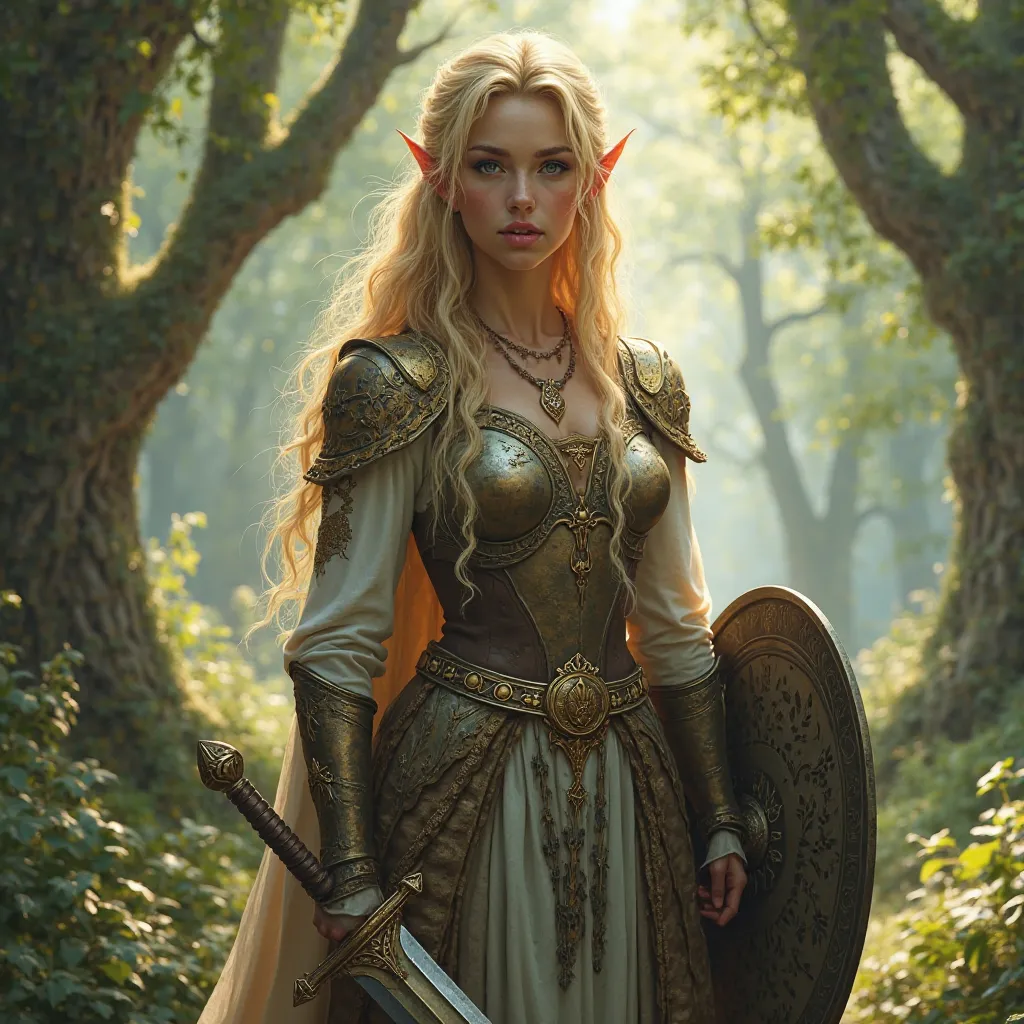 Blonde female Elven warrior with sword and shield