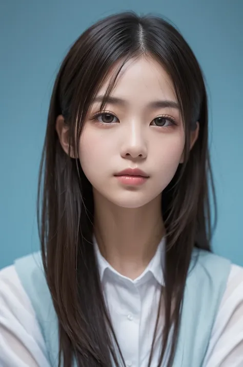 AI-generated portrait of the model taken in the studio。
model has long, layered hair、dyed in a soft blue tone。
The background is a blue and white color scheme, and the、complements the overall calm and elegant atmosphere。