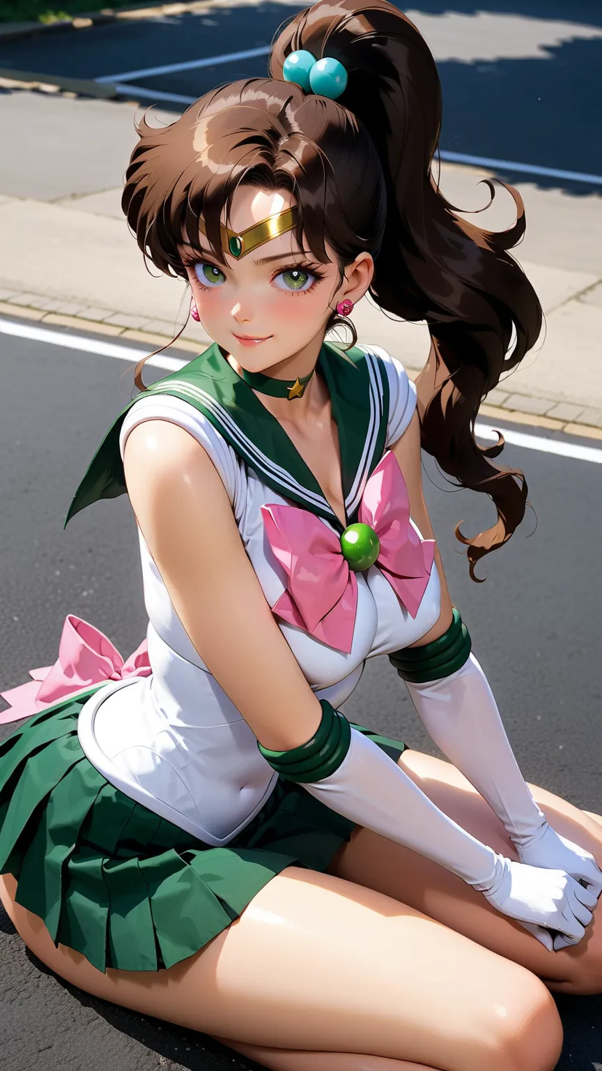 masterpiece, best quality, very aesthetic, ultra detailed), intricate details, solo, aajupiter, brown hair, ponytail, hair bobbles, tiara, earrings, green eyes, green choker, green sailor collar, pink bowtie, white shirt, white leotard, elbow gloves, white...