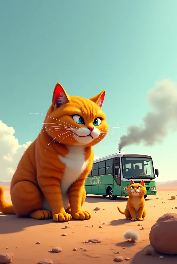 The orange cat One day, the bus broke down in the middle of nowhere, smoke rising as the big cat grew frustrated, while the little cat waited for guidance.