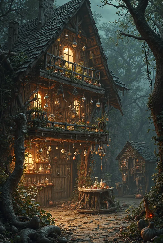 Generate Baba Yaga's house inside with flasks, garlic, herbs. Mysterious atmosphere. Generated image format - vertical 2:1