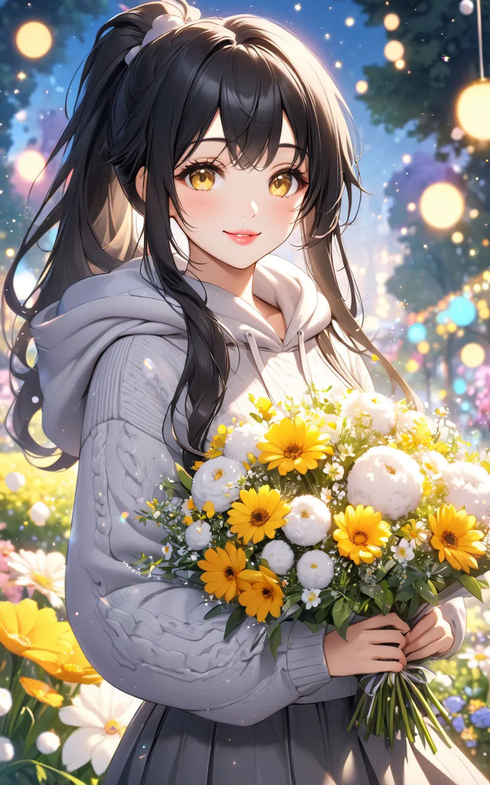 beautiful hands, (particles light:1.3), sweater, gray skirt, fluffy sleeves, fluffy bouquet, flowers park, flowers hooded hoodie,
very cute and beautiful girl, (black hair:1.2), yellow eyes, long hair, beautiful lips, smile, ponytail