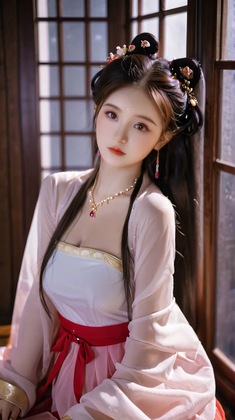 is the best quality,  masterpiece, High Aims, 1 girl, Beautiful red Hanfu, Hair   ornaments,  necklace,   ornament, pretty face, When the body, Tyndell effect, Realistic portrait, Dark Studio, Edge lighting, Bicolor Light , (very delicate skin:1.2),  8,000...